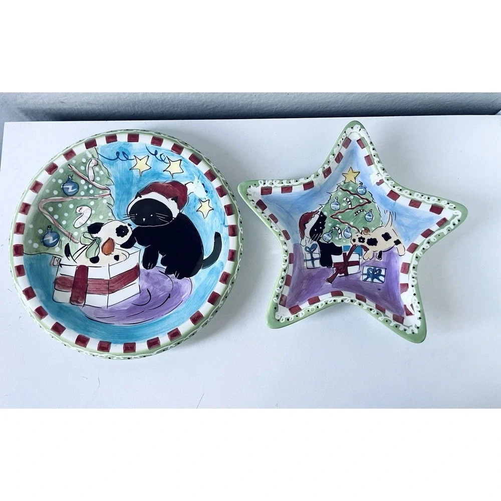 VINTAGE CHRISTMAS CAT & HOLIDAY‎ CERAMIC PLATE  HAND PAINTED HAUSENWARE